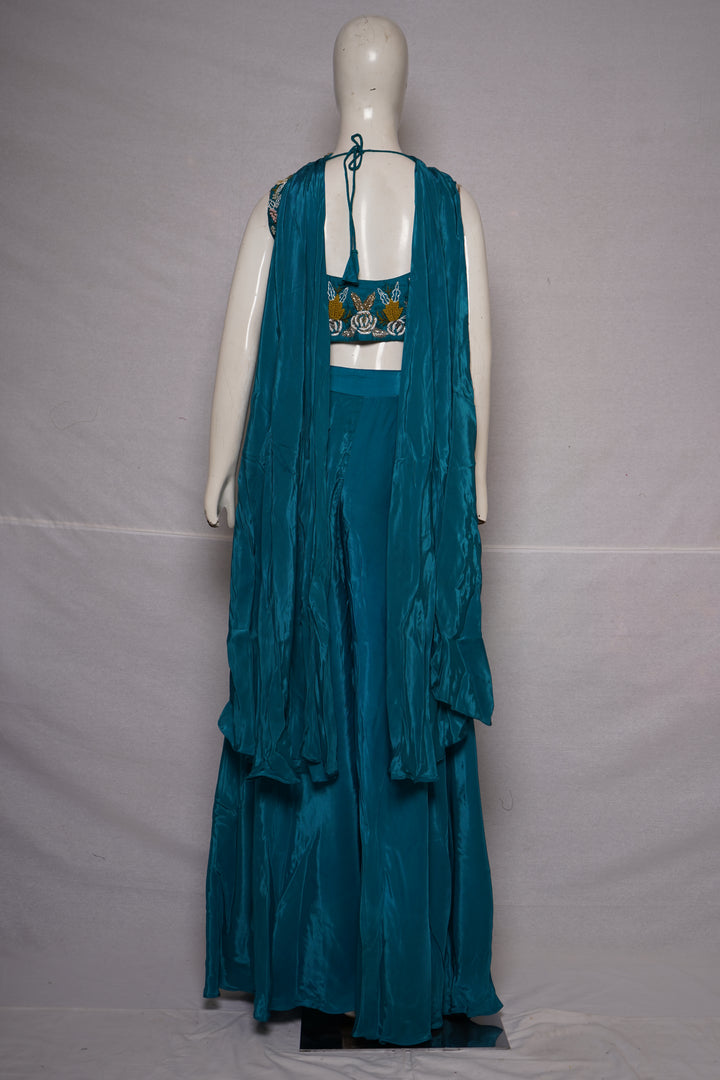 Teal Blue Embroidered Crop Top with Palazzo Pants & Cape Dupatta Set
