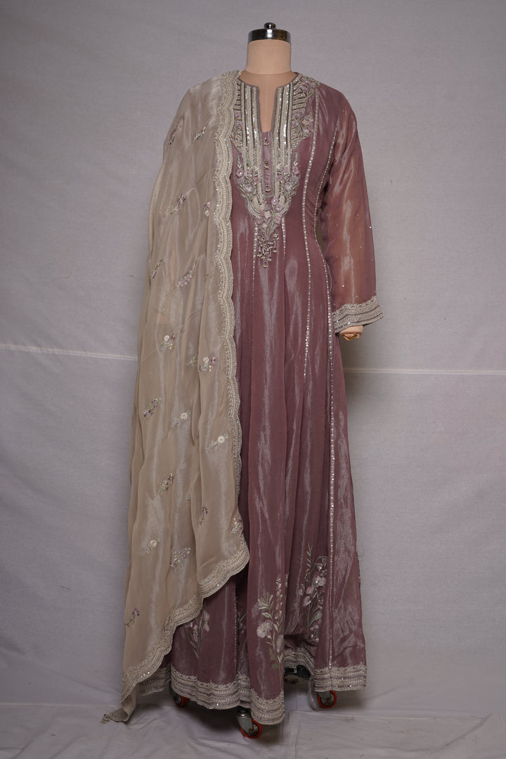Dusty Mauve Embroidered Anarkali Kurta Set with Palazzo & Organza Dupatta