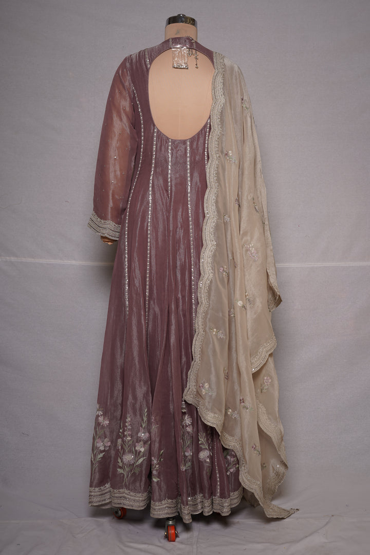 Dusty Mauve Embroidered Anarkali Kurta Set with Palazzo & Organza Dupatta