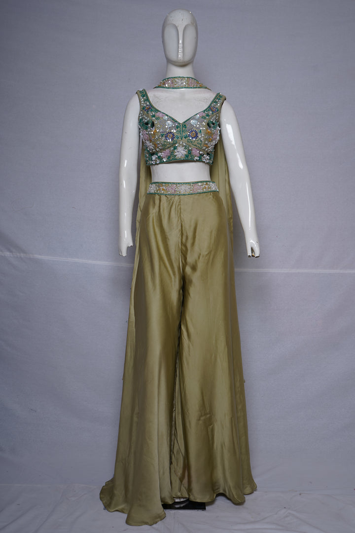 Sage Gold Embroidered Crop Top with Palazzo Pants & Cape Dupatta Set