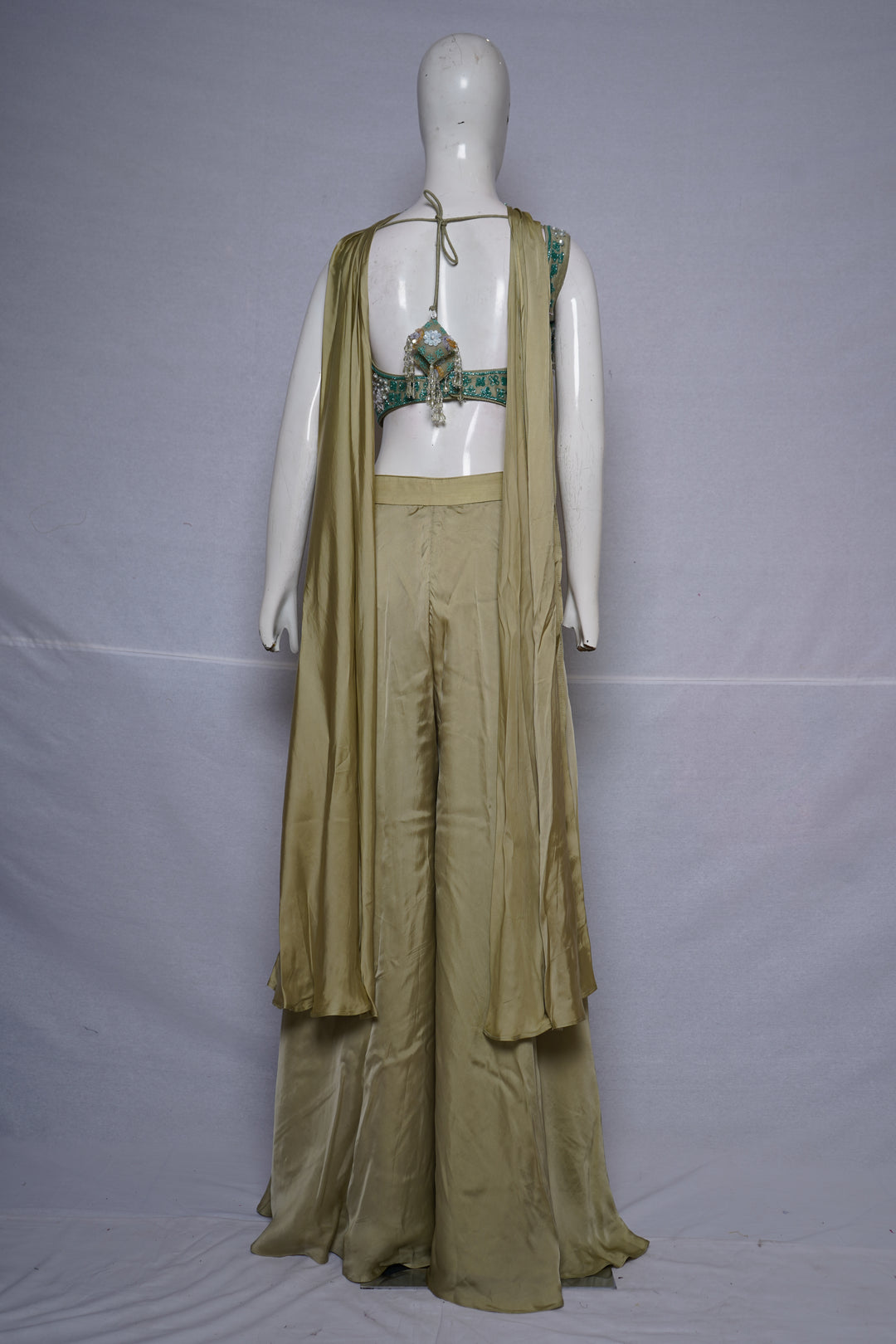 Sage Gold Embroidered Crop Top with Palazzo Pants & Cape Dupatta Set