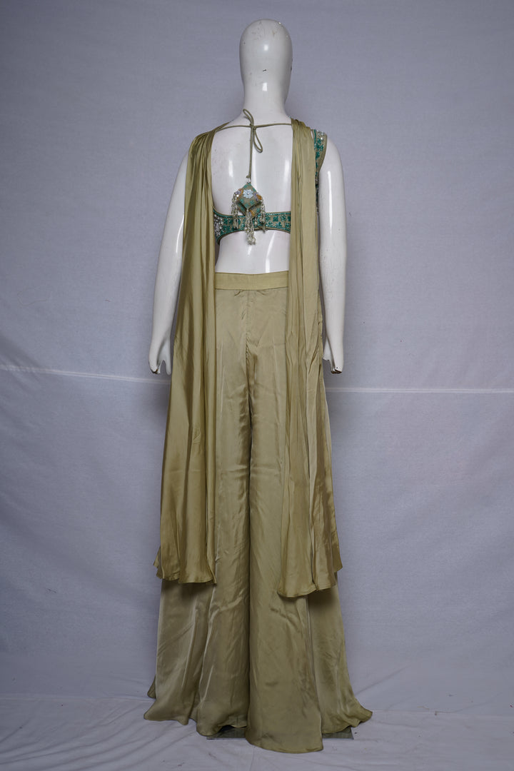 Sage Gold Embroidered Crop Top with Palazzo Pants & Cape Dupatta Set
