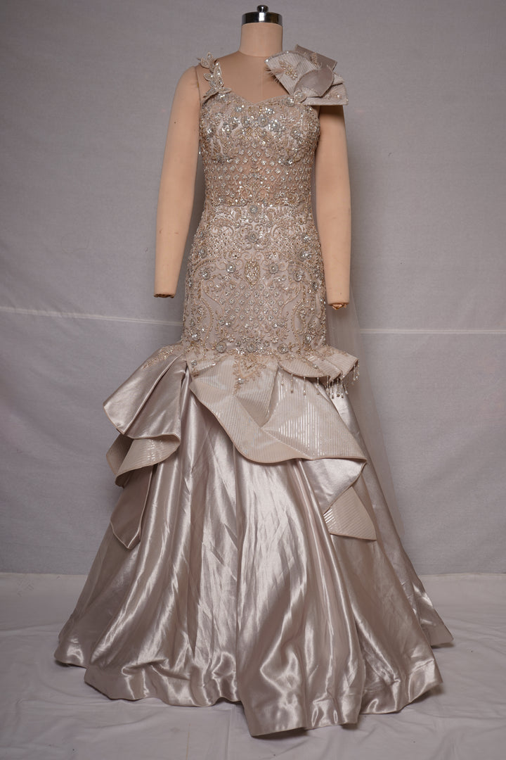 Champagne Beige Embellished Mermaid Gown with Sculpted Ruffle Detailing