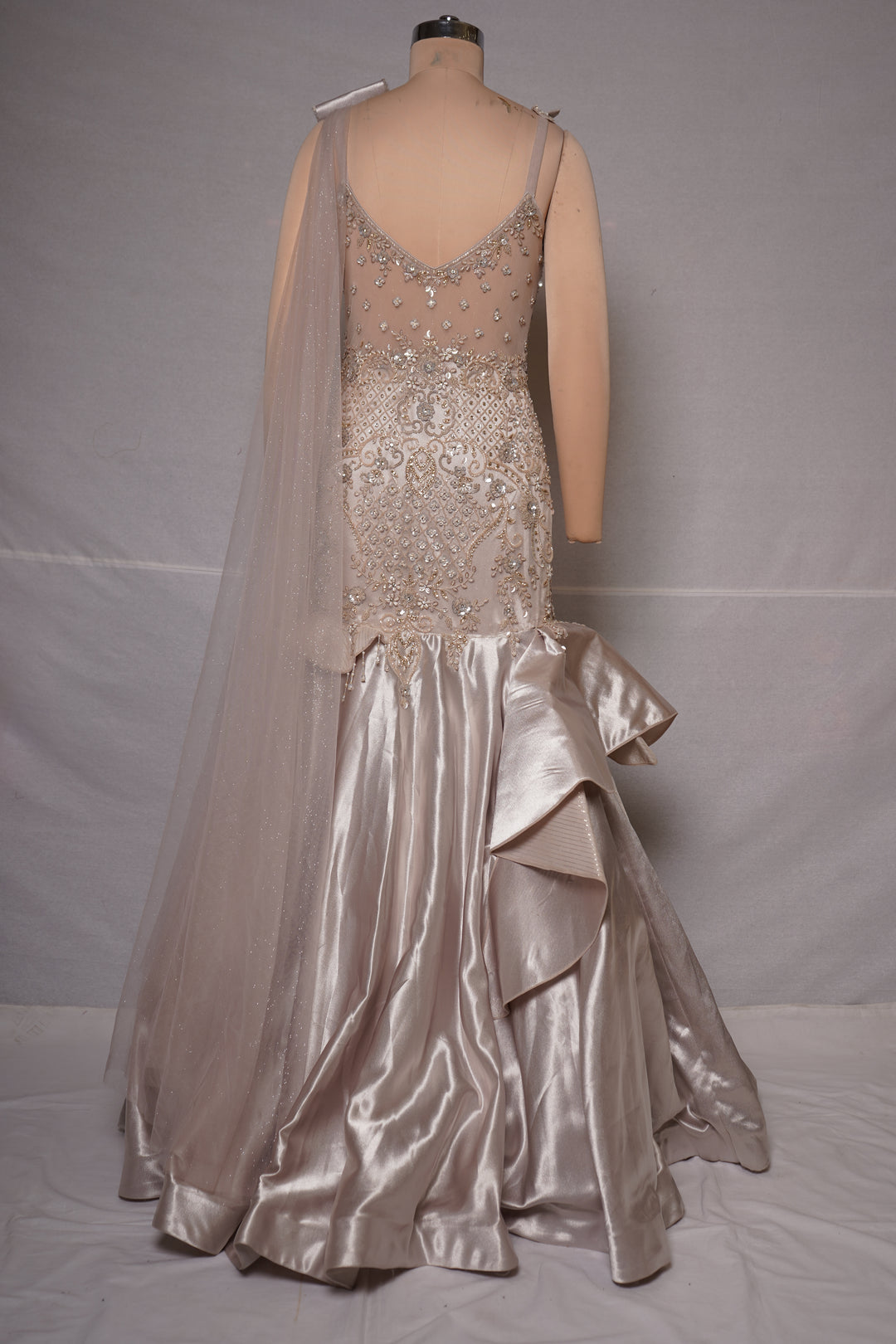 Champagne Beige Embellished Mermaid Gown with Sculpted Ruffle Detailing