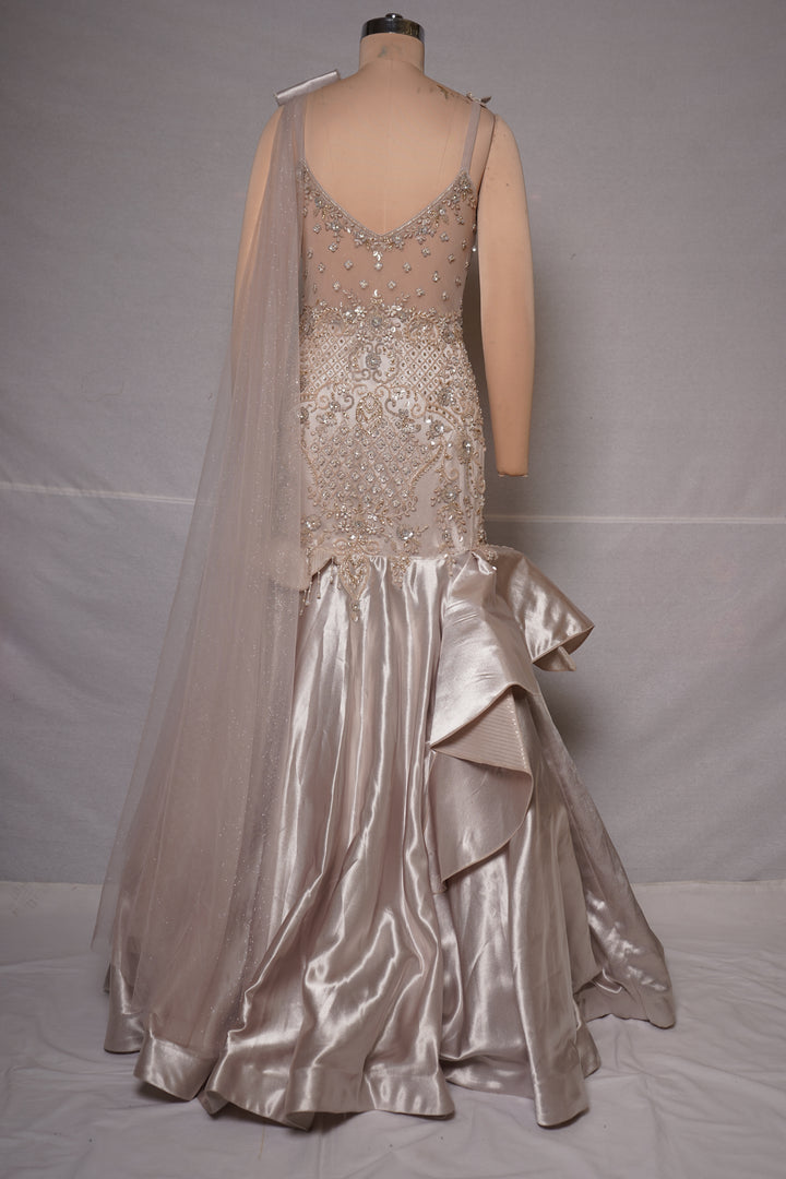 Champagne Beige Embellished Mermaid Gown with Sculpted Ruffle Detailing