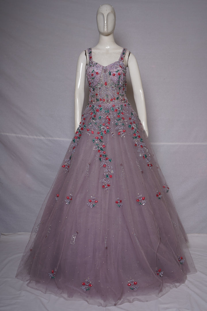 Dusty Lavender Floral Embroidered Ball Gown with Crystal Embellishments