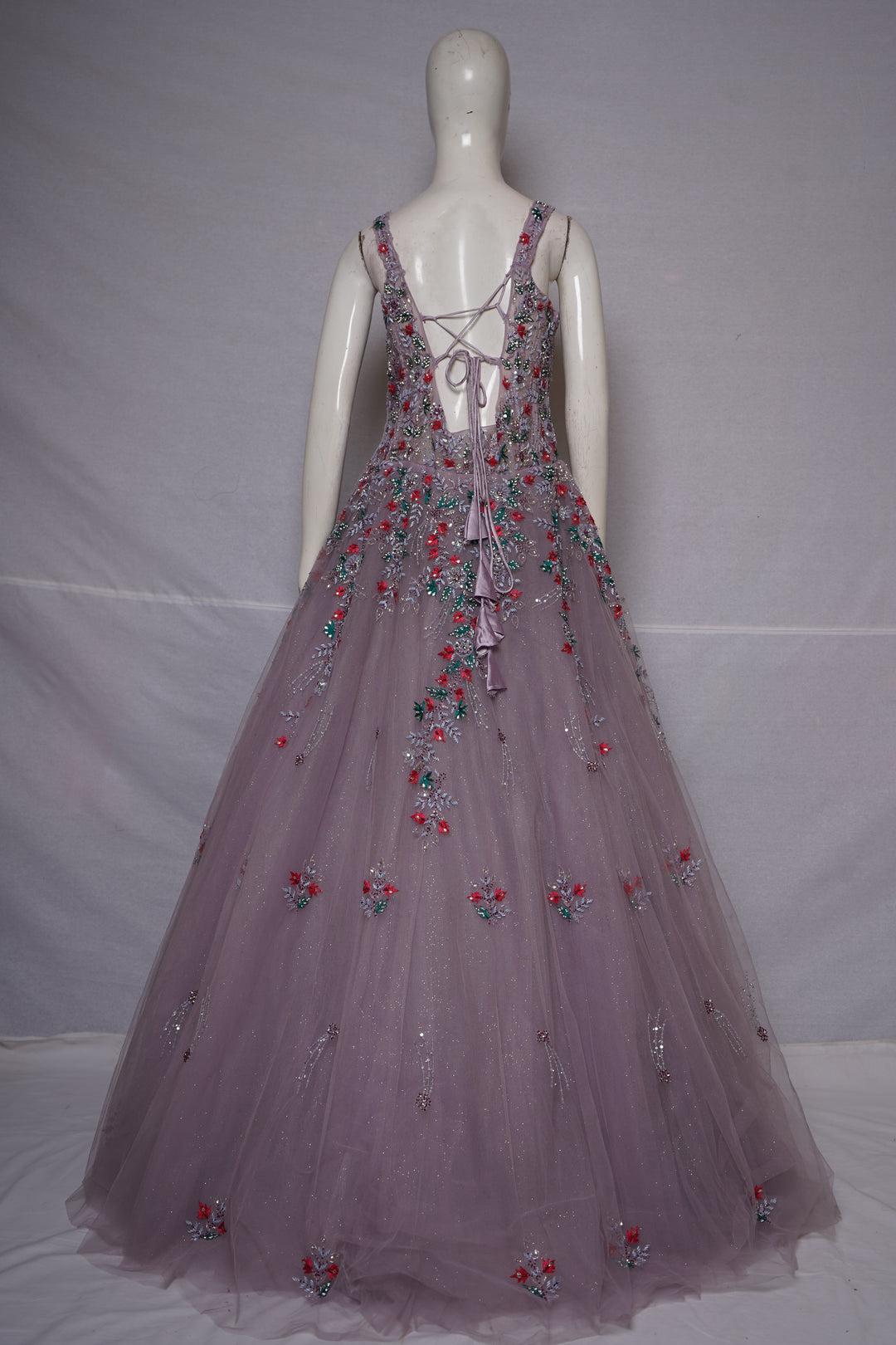 Dusty Lavender Floral Embroidered Ball Gown with Crystal Embellishments