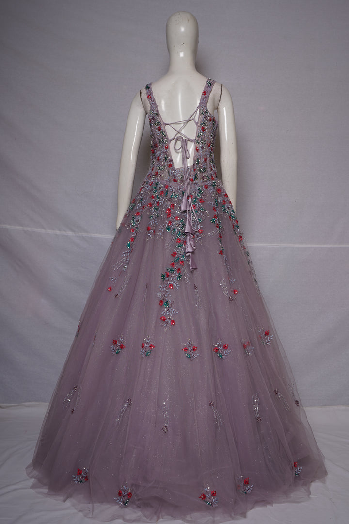 Dusty Lavender Floral Embroidered Ball Gown with Crystal Embellishments