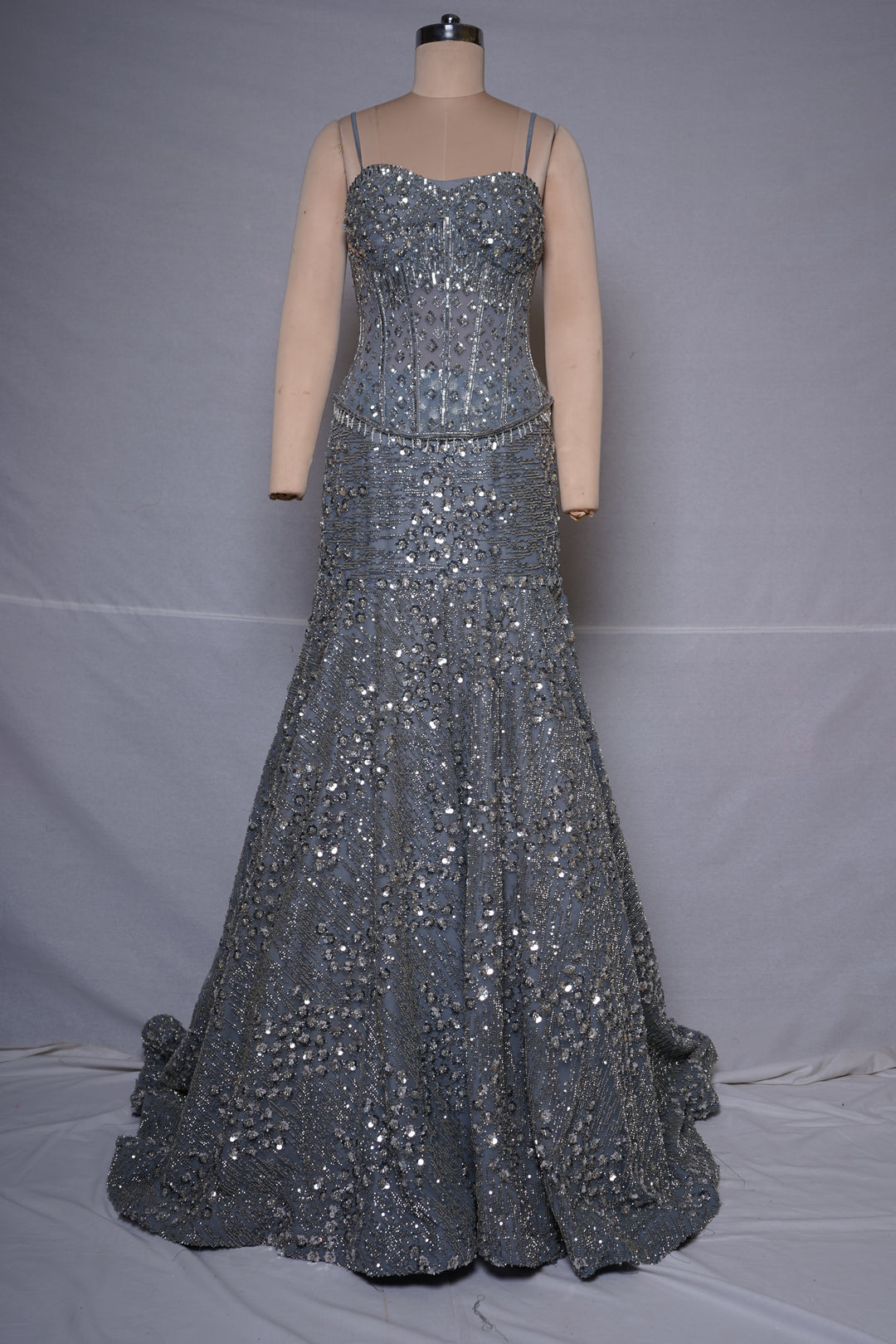 Steel Grey Crystal Embellished Mermaid Evening Gown