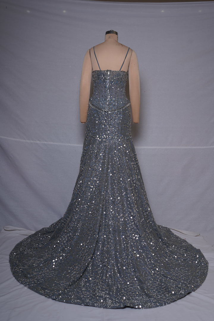 Steel Grey Crystal Embellished Mermaid Evening Gown