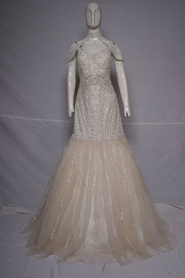 Ivory Pearl Embellished Mermaid Gown with Cold-Shoulder Cape Sleeves