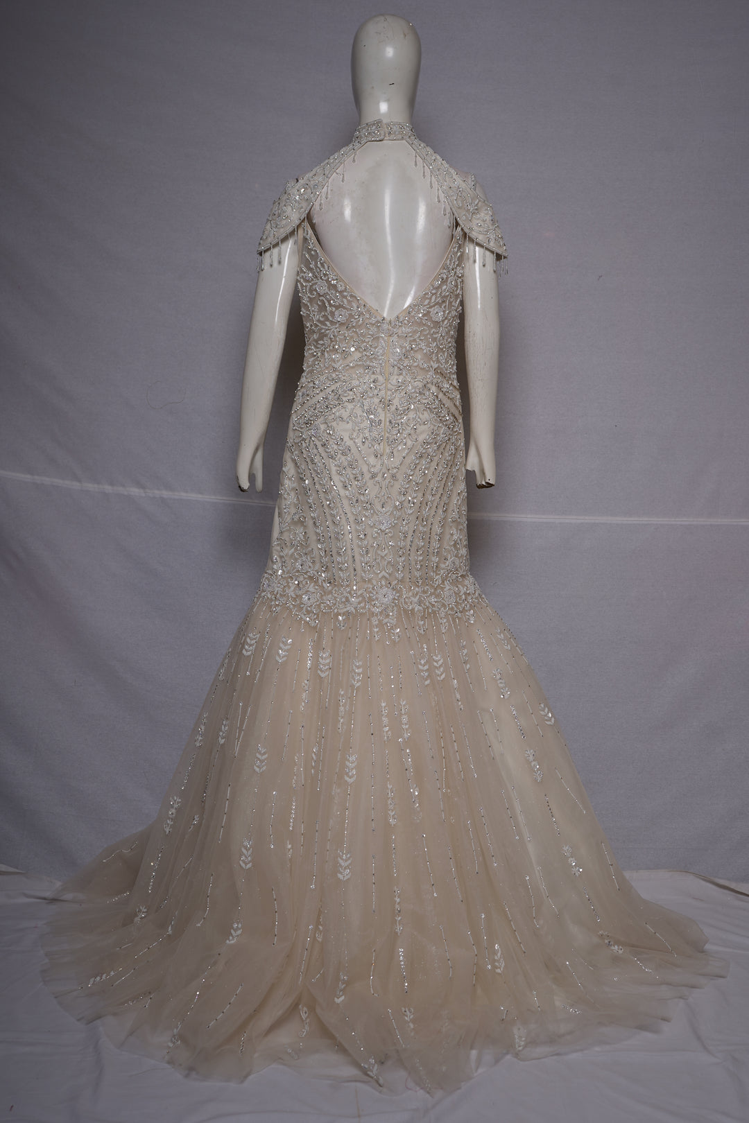 Ivory Pearl Embellished Mermaid Gown with Cold-Shoulder Cape Sleeves