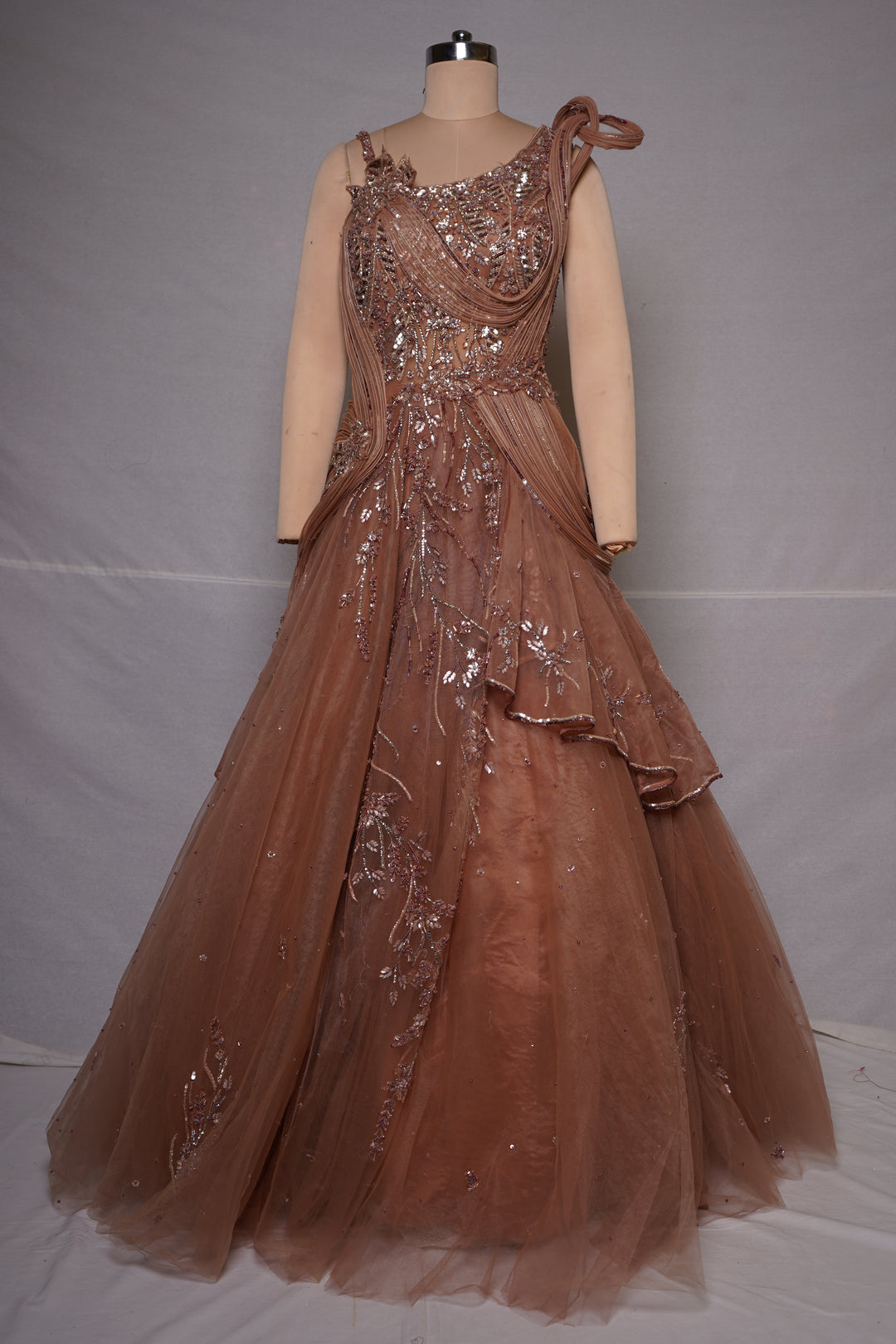 Rose Taupe Embellished Couture Ball Gown with Draped Bodice