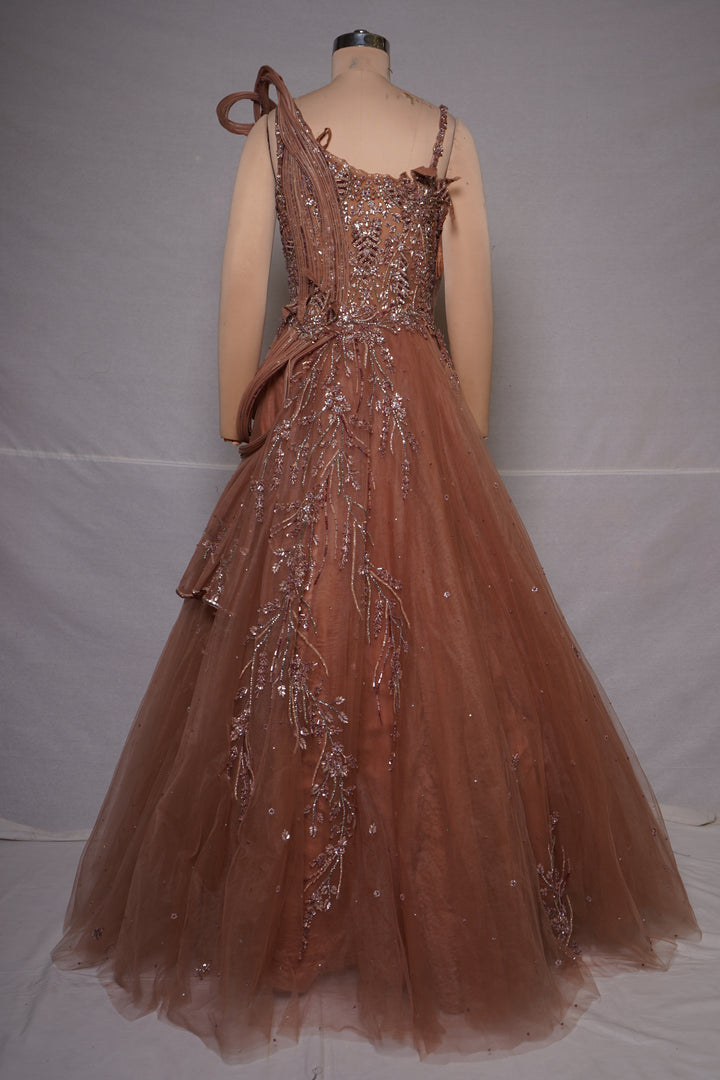 Rose Taupe Embellished Couture Ball Gown with Draped Bodice