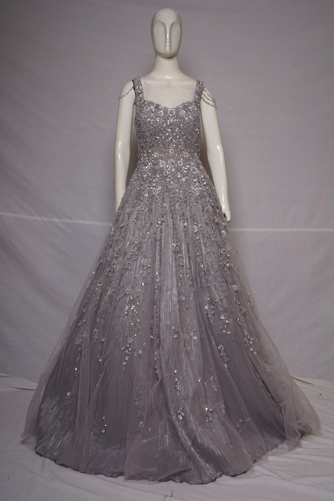 Lilac Silver Embroidered Princess Ball Gown with Crystal Shoulder Chains