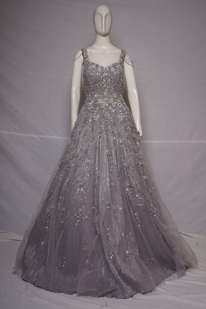 Lilac Silver Embroidered Princess Ball Gown with Crystal Shoulder Chains
