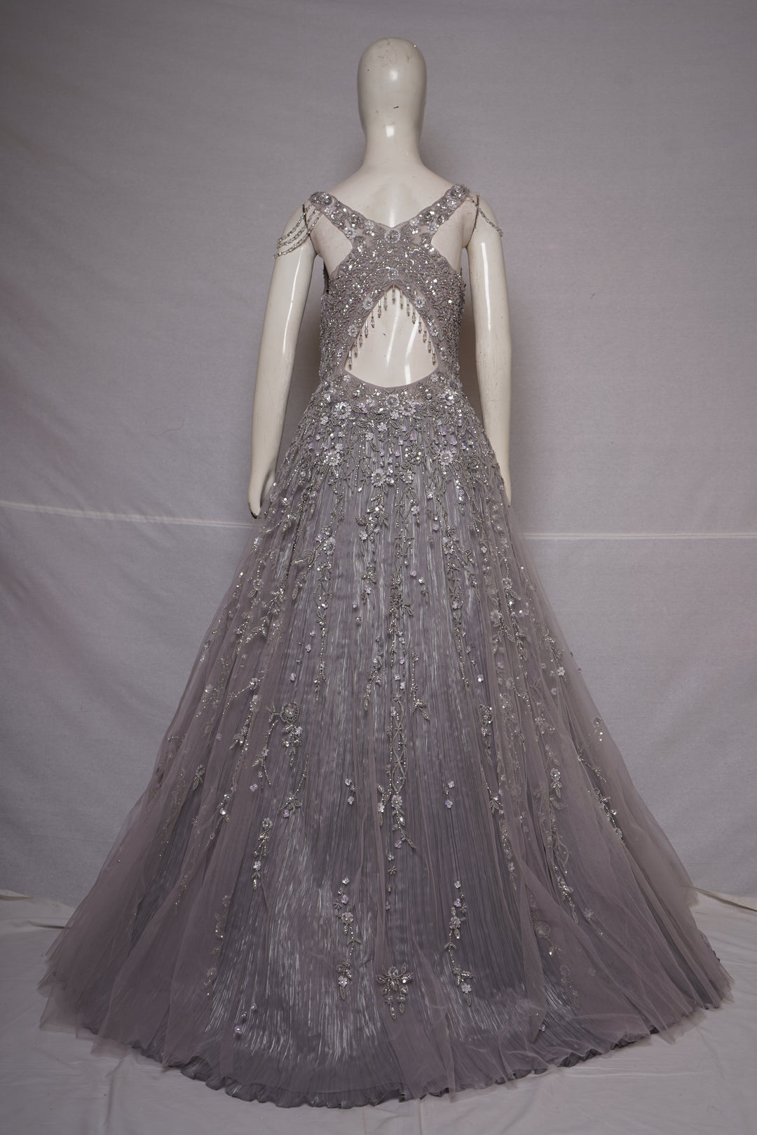 Lilac Silver Embroidered Princess Ball Gown with Crystal Shoulder Chains