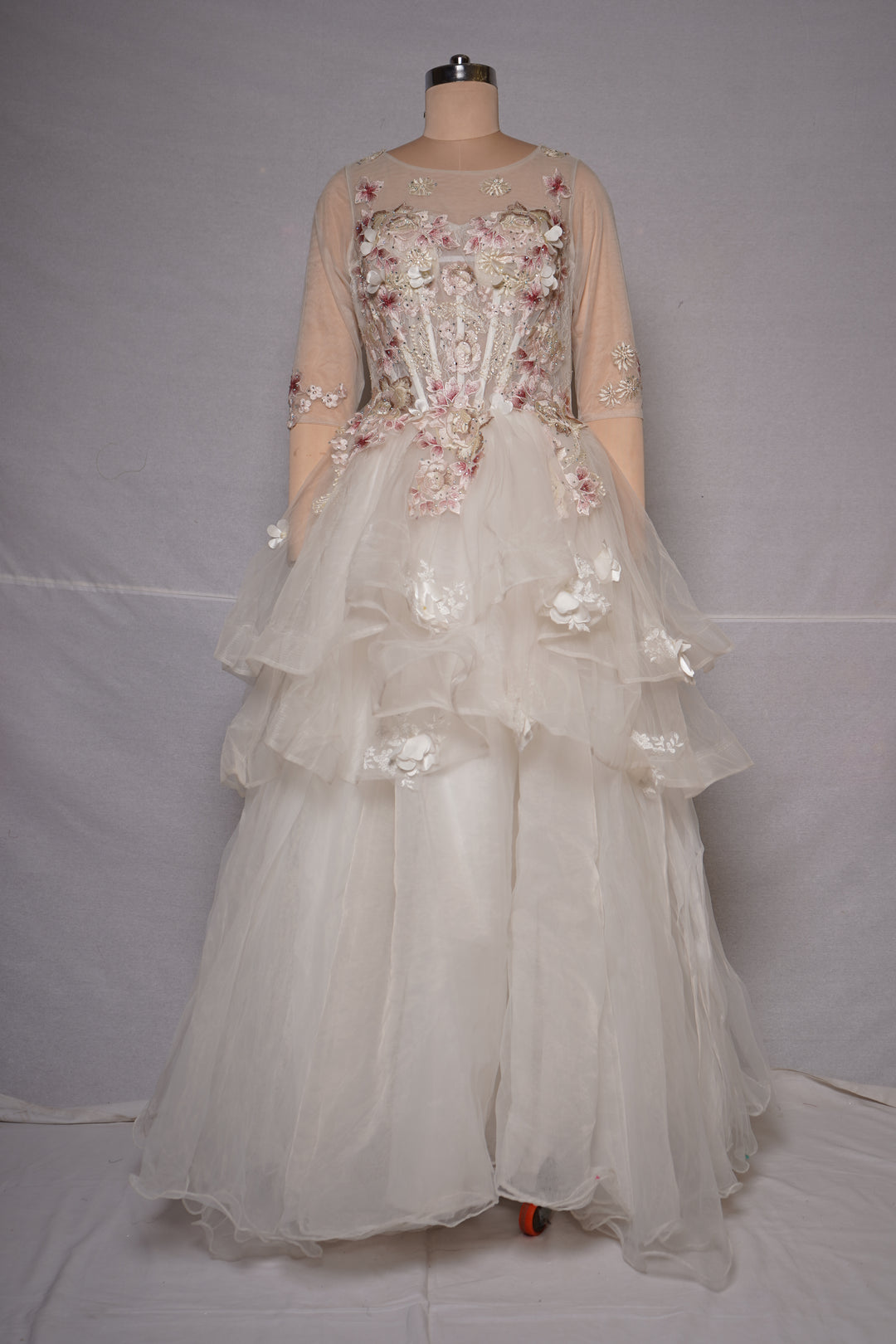 Ivory Floral Appliqué Layered Couture Ball Gown