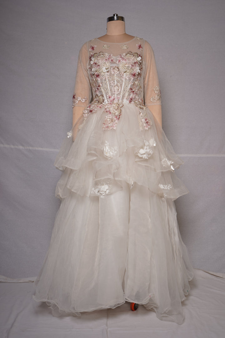 Ivory Floral Appliqué Layered Couture Ball Gown