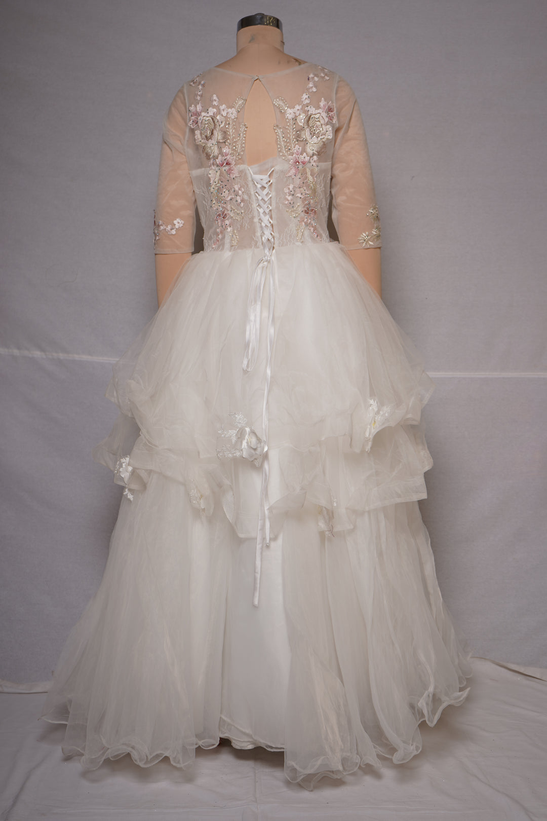 Ivory Floral Appliqué Layered Couture Ball Gown