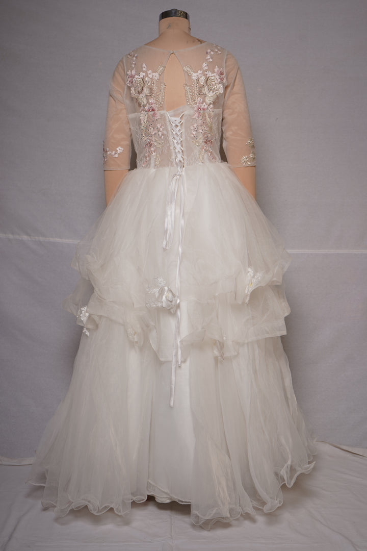 Ivory Floral Appliqué Layered Couture Ball Gown