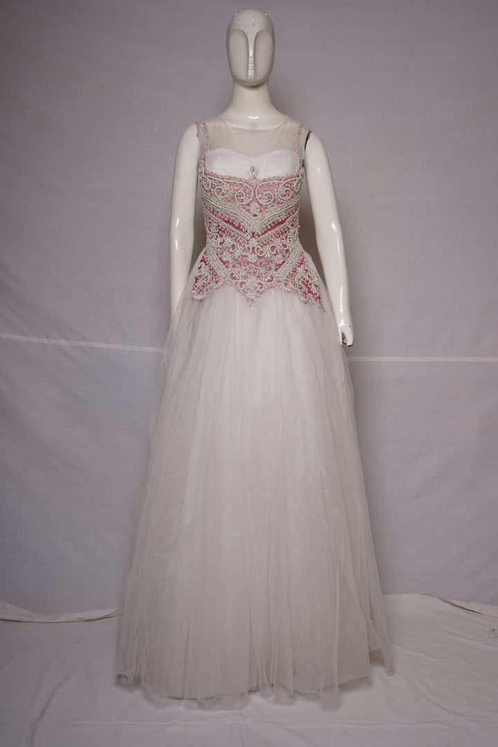 Ivory White Ball Gown with Blush Pink Embroidered Corset Bodice