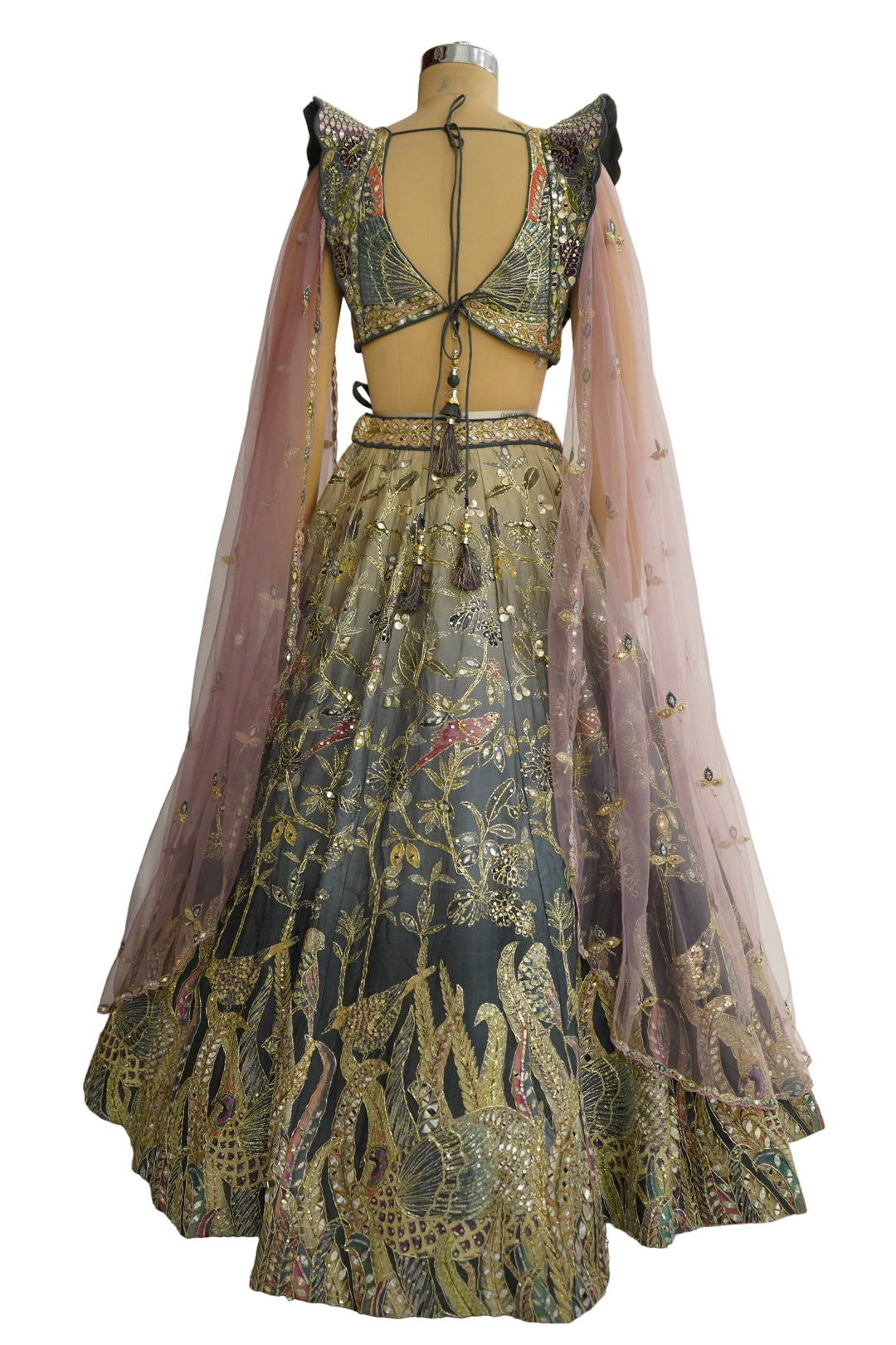 Dusty Grey Designer Lehenga Set with Blush Pink Dupatta