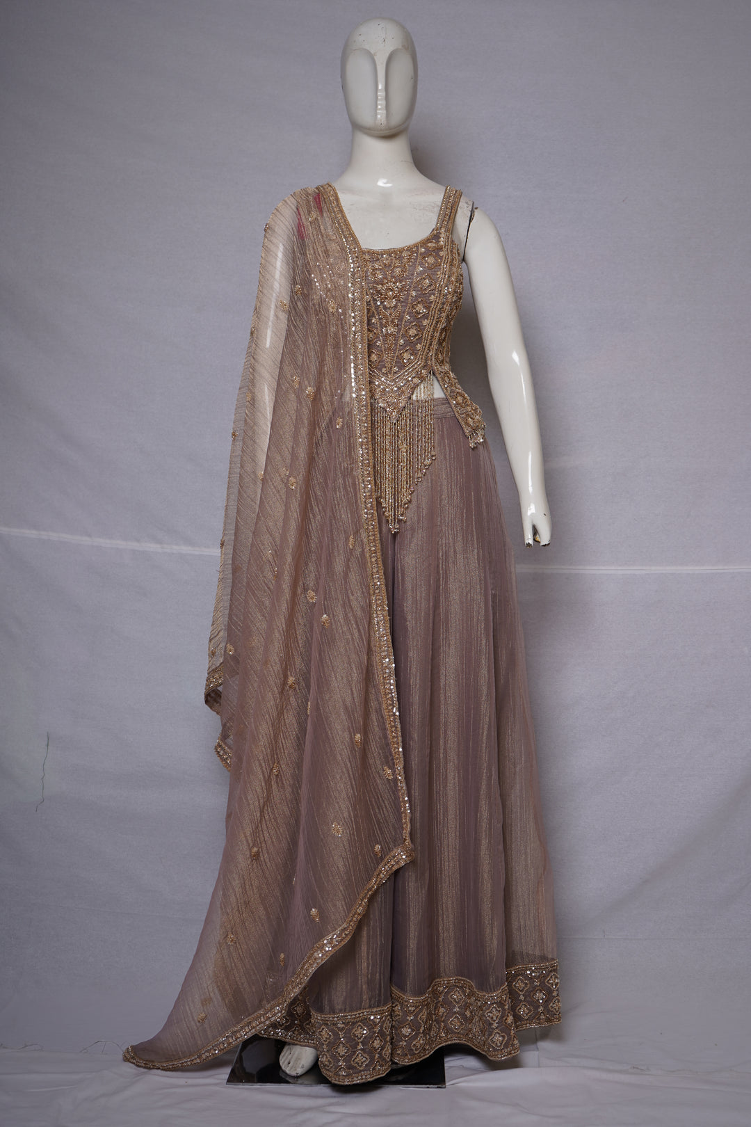 Taupe Beige Embellished Palazzo Set with Handworked Bodice & Designer Dupatta