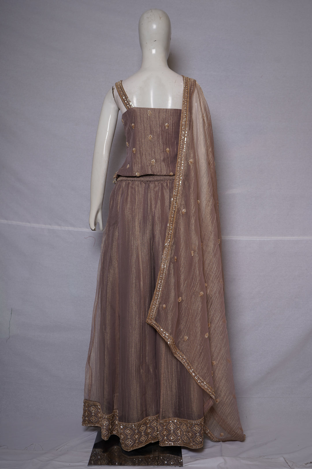 Taupe Beige Embellished Palazzo Set with Handworked Bodice & Designer Dupatta