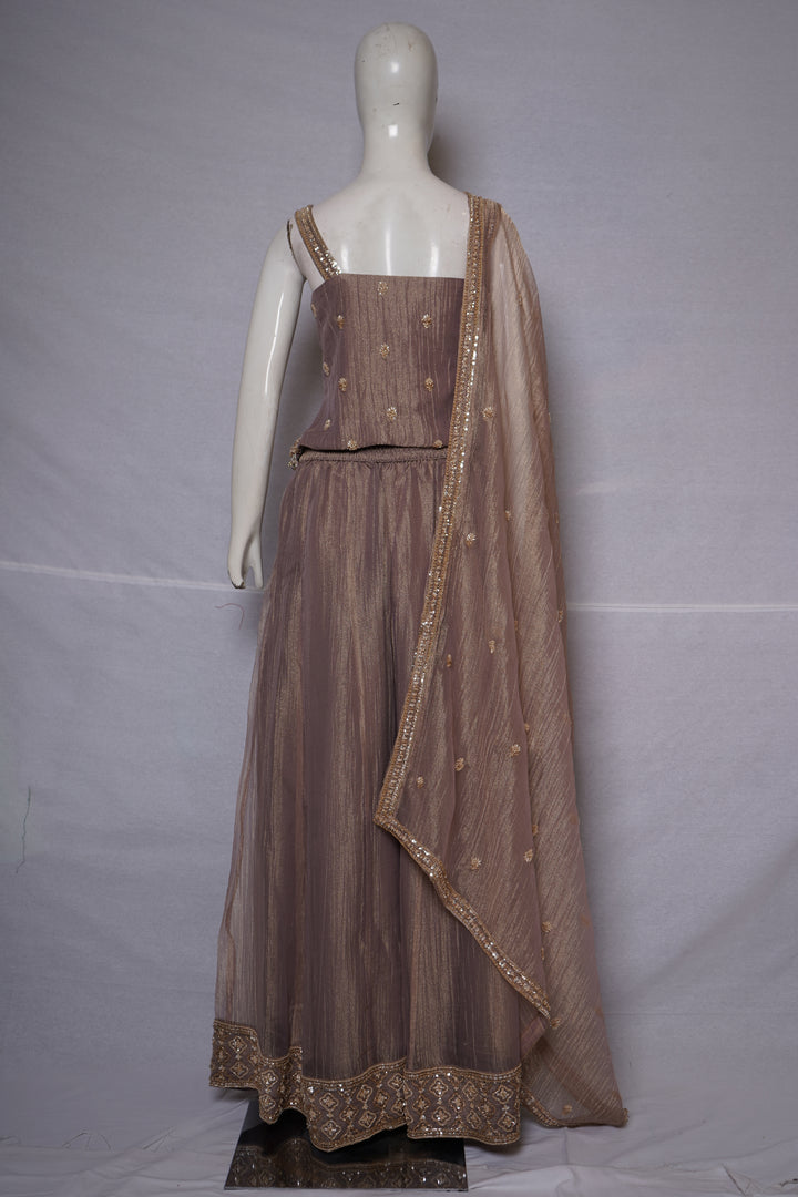 Taupe Beige Embellished Palazzo Set with Handworked Bodice & Designer Dupatta