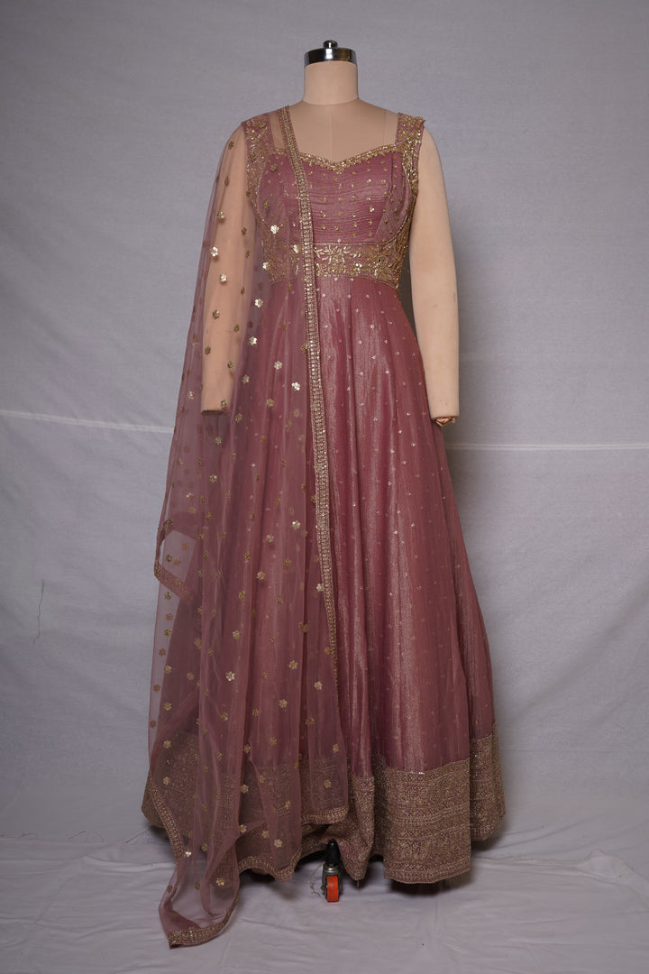 Dusty Rose Embroidered Anarkali Gown with Designer Dupatta
