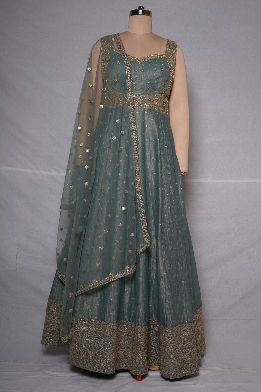 Sage Green Shimmer Anarkali Gown with Embroidered Dupatta