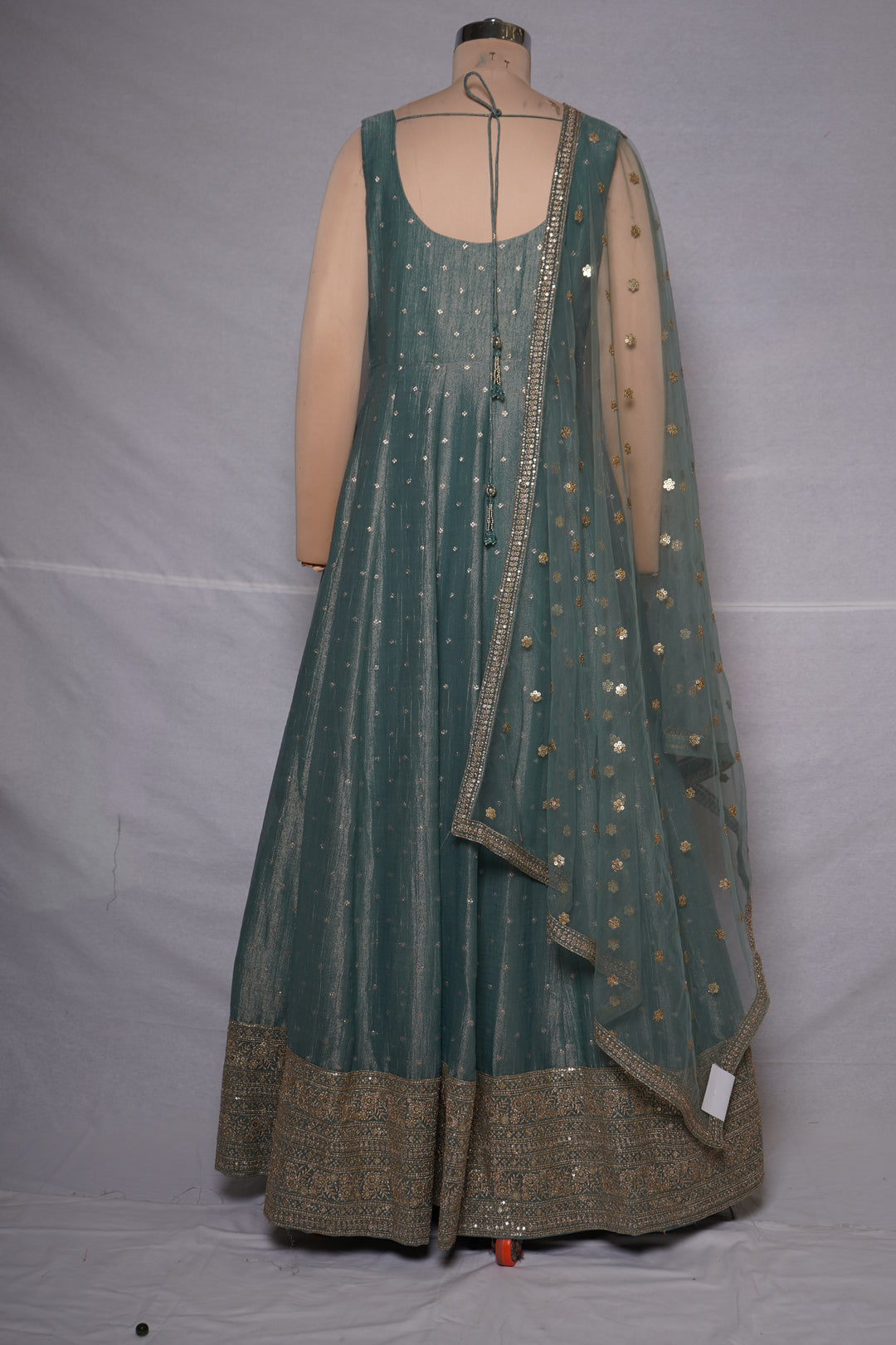 Sage Green Shimmer Anarkali Gown with Embroidered Dupatta