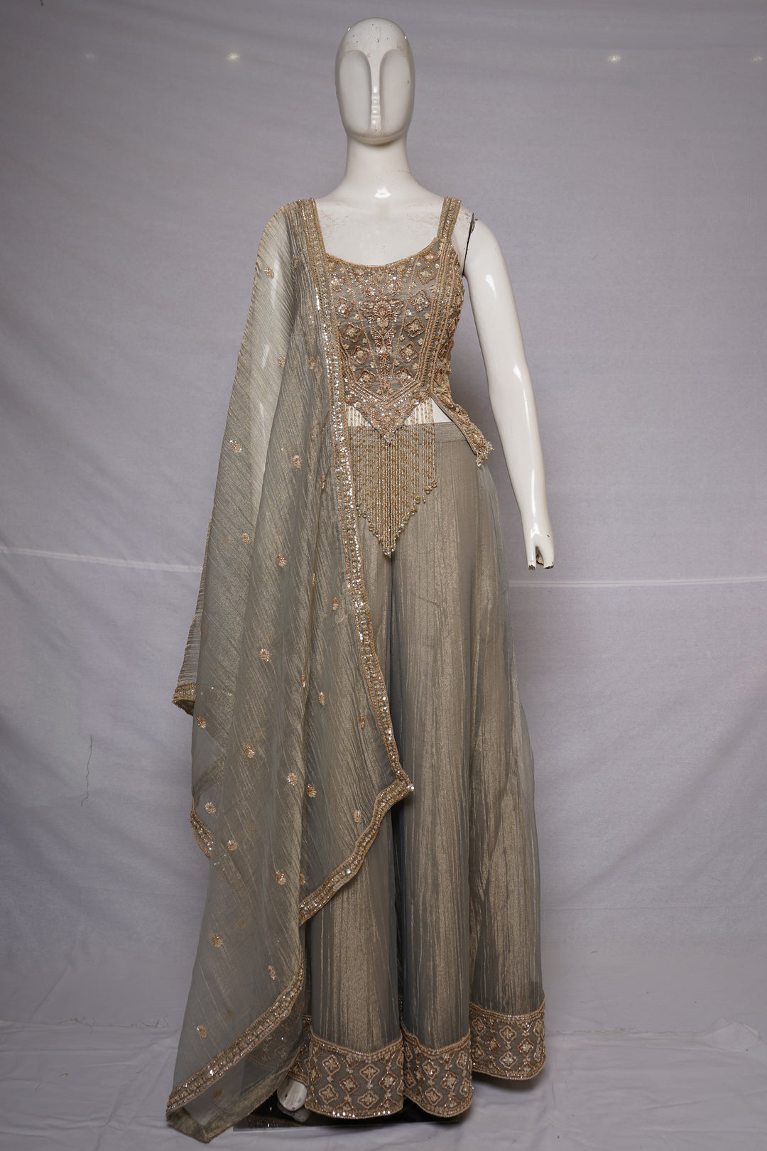 Smoke Grey Embellished Palazzo Set with Handcrafted Bodice & Organza Dupatta
