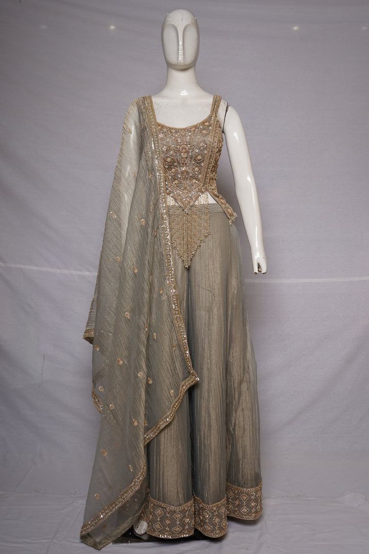 Smoke Grey Embellished Palazzo Set with Handcrafted Bodice & Organza Dupatta