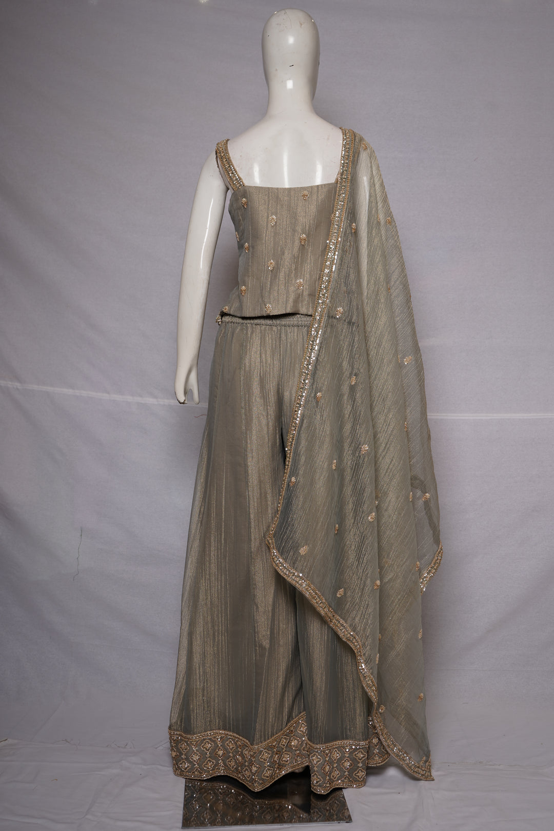 Smoke Grey Embellished Palazzo Set with Handcrafted Bodice & Organza Dupatta