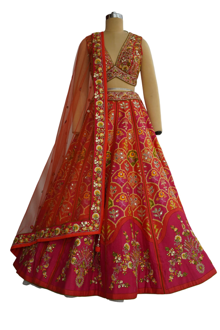 Red & Rani Pink Designer Lehenga Set with Embroidered Blouse and Net Dupatta