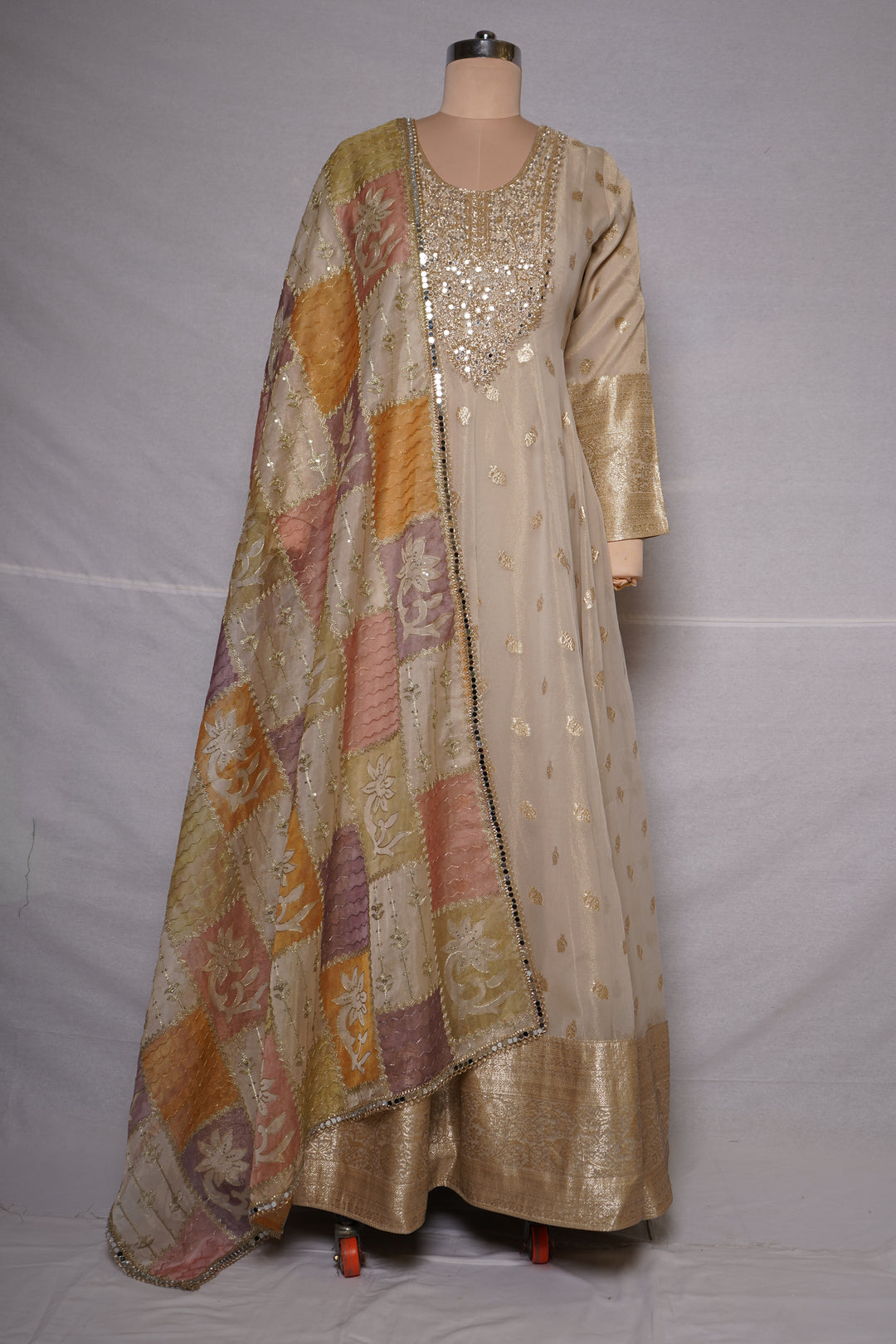 Ivory Gold Embroidered Anarkali Gown with Multicolour Patchwork Dupatta