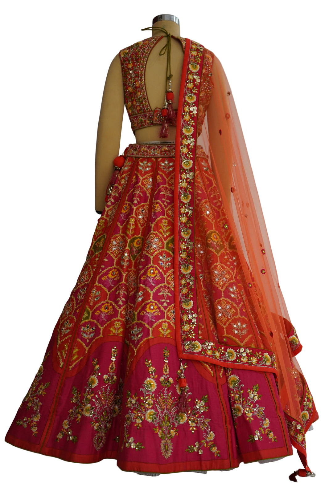 Red & Rani Pink Designer Lehenga Set with Embroidered Blouse and Net Dupatta