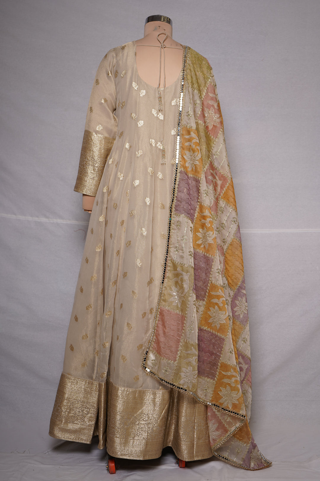 Ivory Gold Embroidered Anarkali Gown with Multicolour Patchwork Dupatta