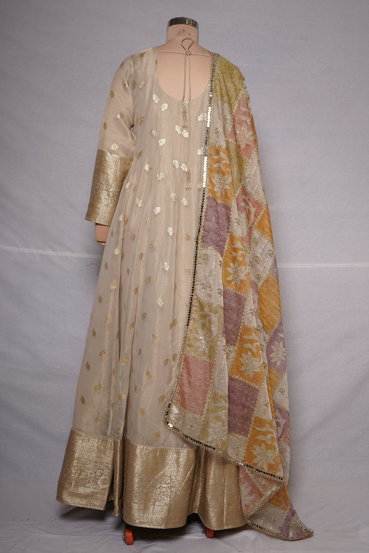 Ivory Gold Embroidered Anarkali Gown with Multicolour Patchwork Dupatta