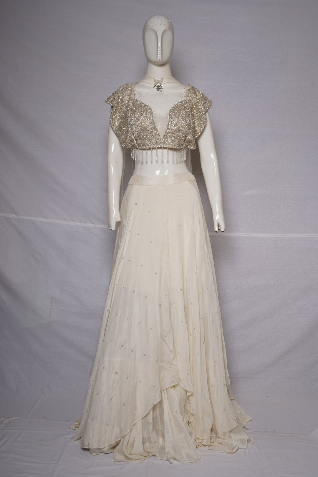 Ivory Pearl Embellished Draped Lehenga Set with Fringe Detailed Blouse