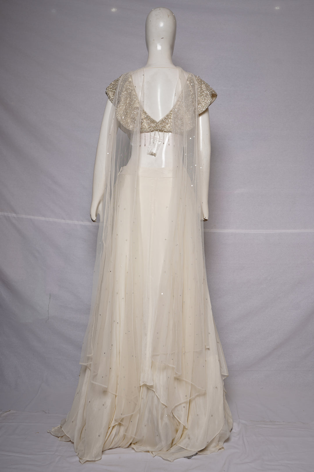 Ivory Pearl Embellished Draped Lehenga Set with Fringe Detailed Blouse