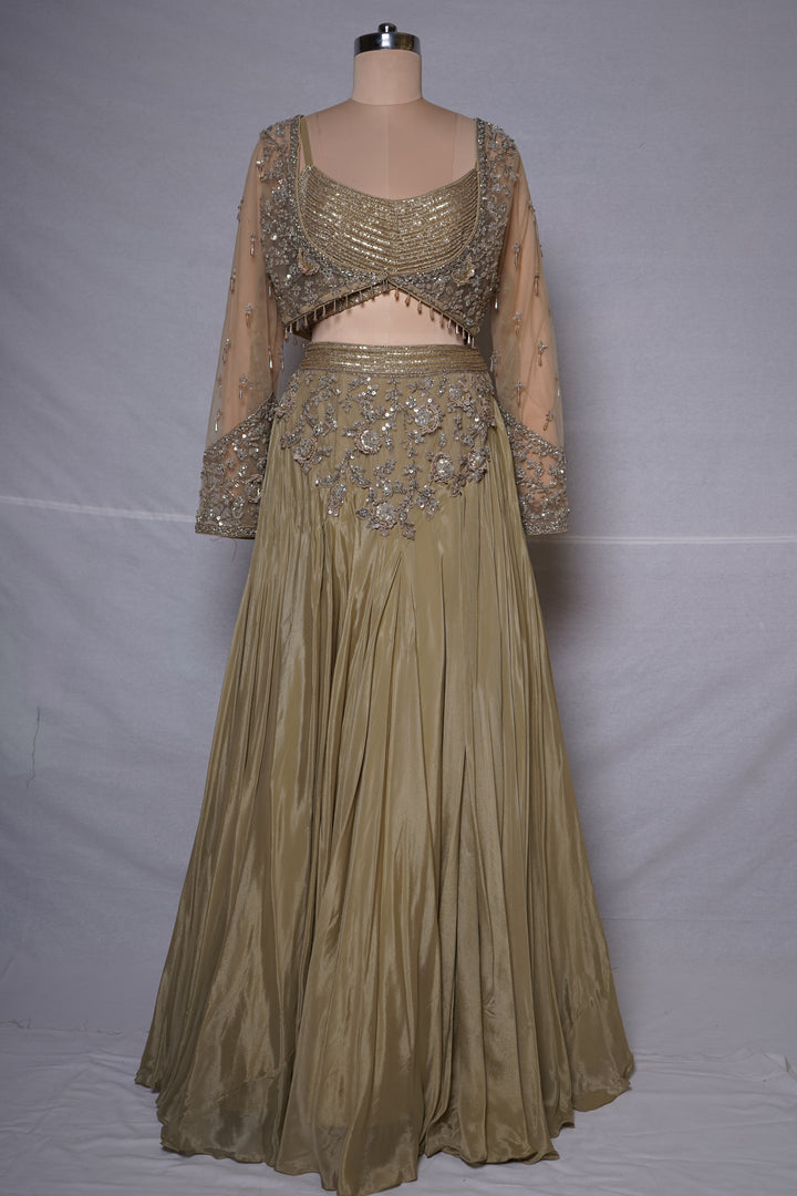 Champagne Gold Embroidered Lehenga Set with Sheer Embellished Sleeves