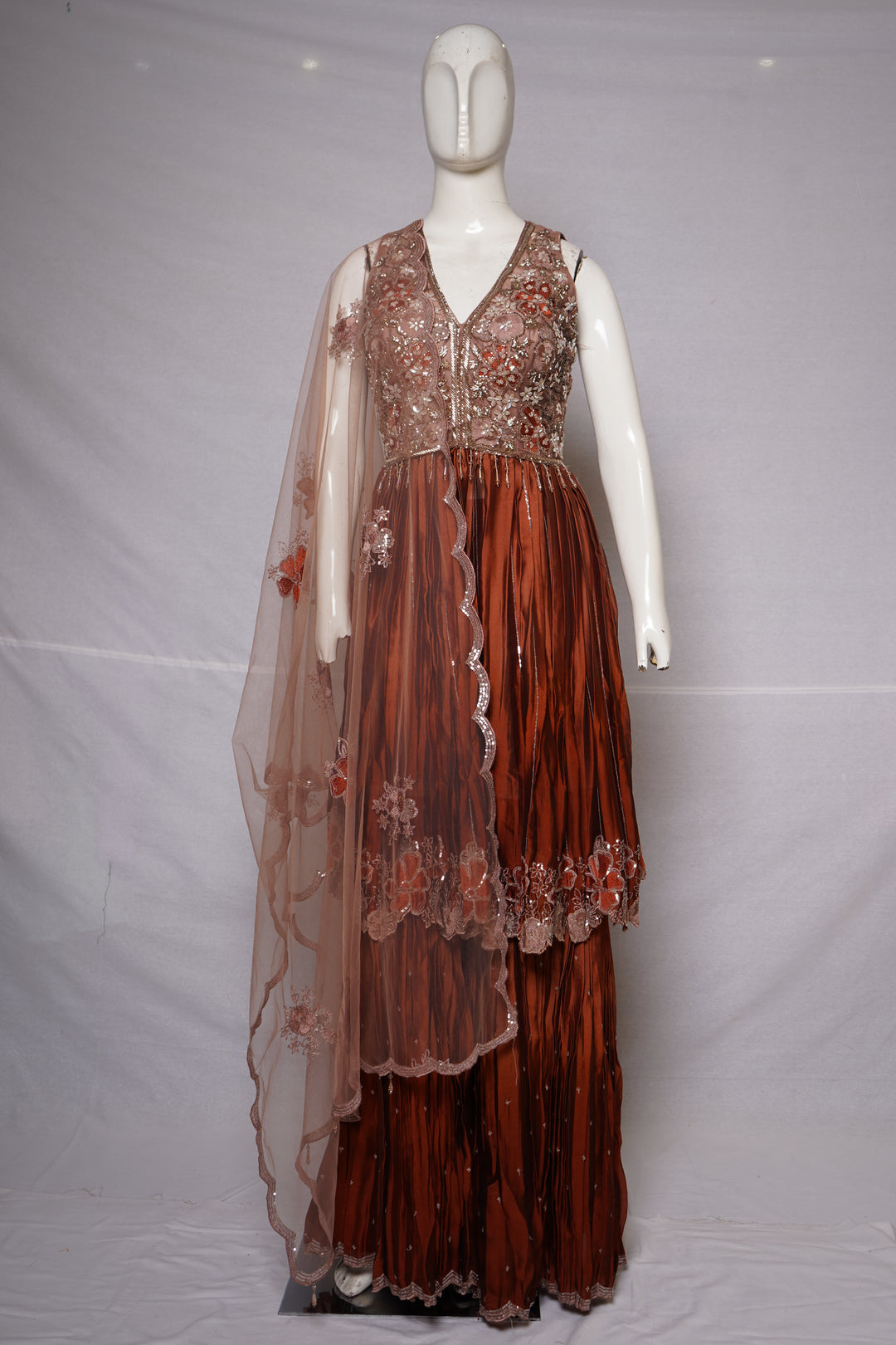 Rust Copper Embroidered Sharara Set with Floral Cape Dupatta