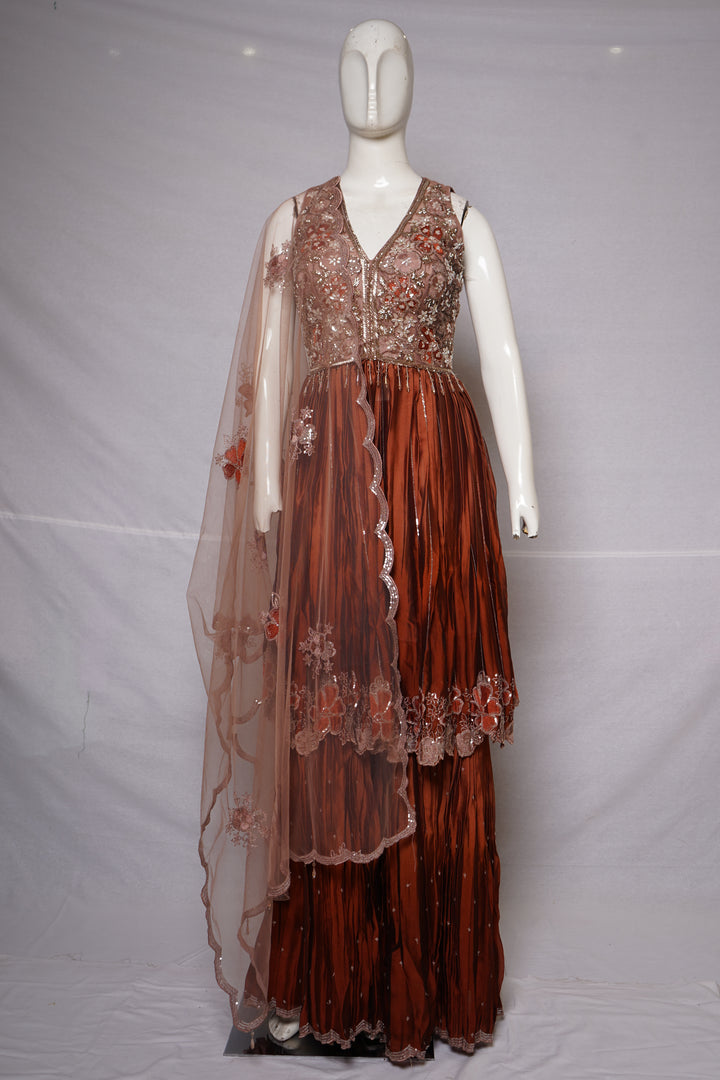 Rust Copper Embroidered Sharara Set with Floral Cape Dupatta