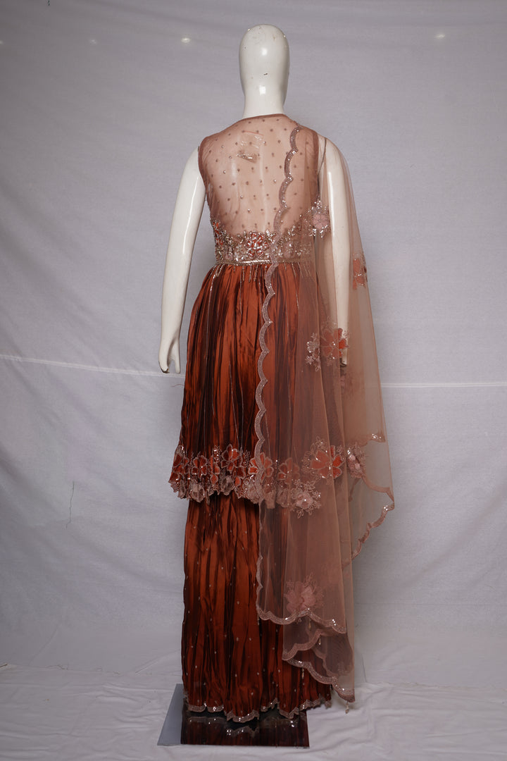 Rust Copper Embroidered Sharara Set with Floral Cape Dupatta