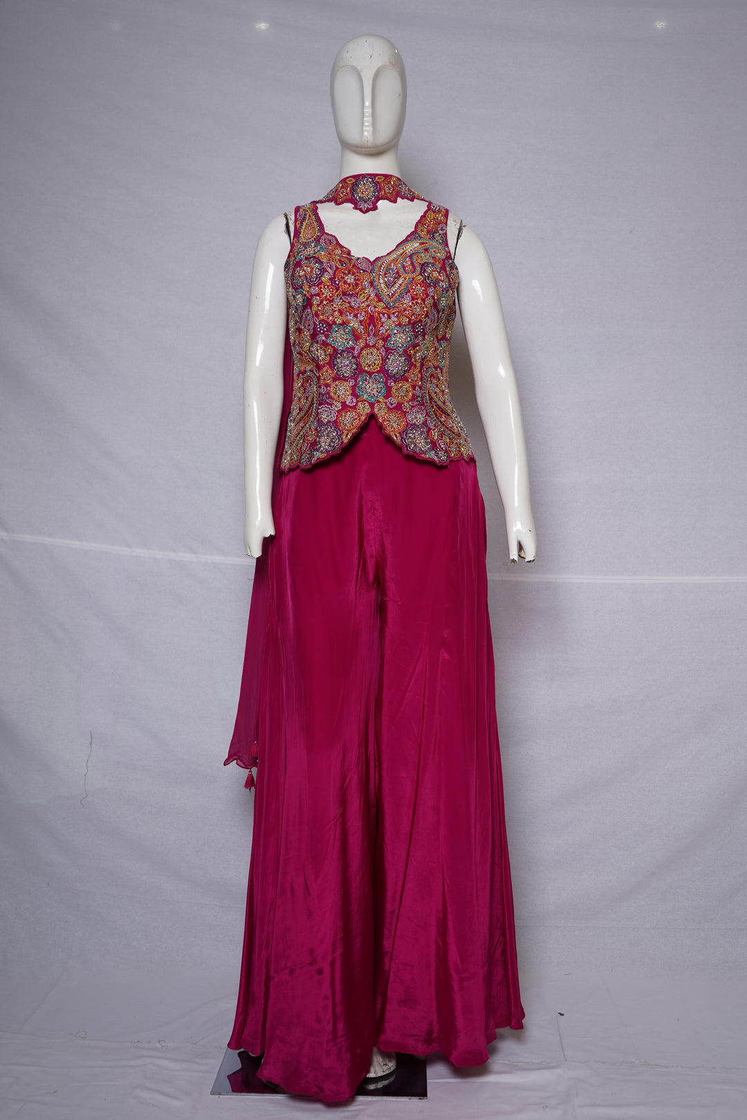 Rani Pink Kashmiri Embroidered Palazzo Set with Statement Choker Neckline