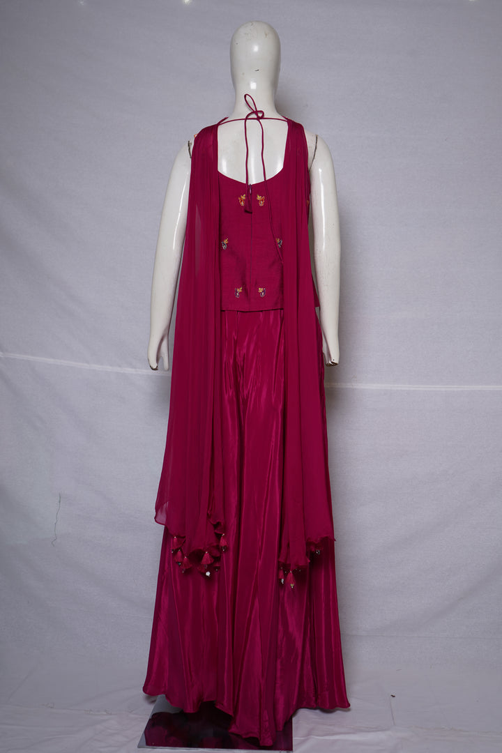 Rani Pink Kashmiri Embroidered Palazzo Set with Statement Choker Neckline