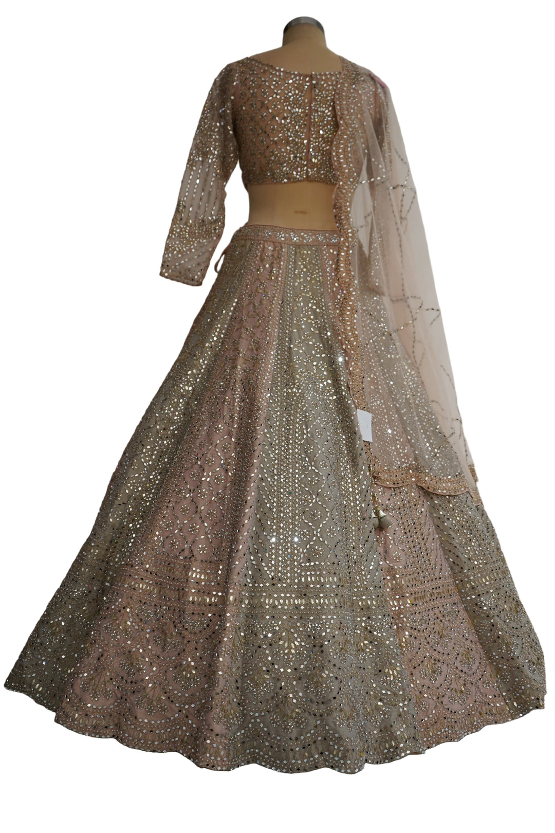Blush Beige Designer Lehenga Set with Embellished Blouse and Net Dupatta